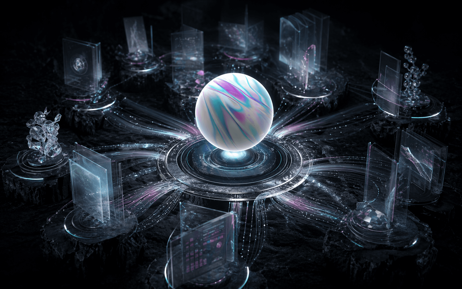 Agent nodes and workflow rings representing AI research and opportunity automation