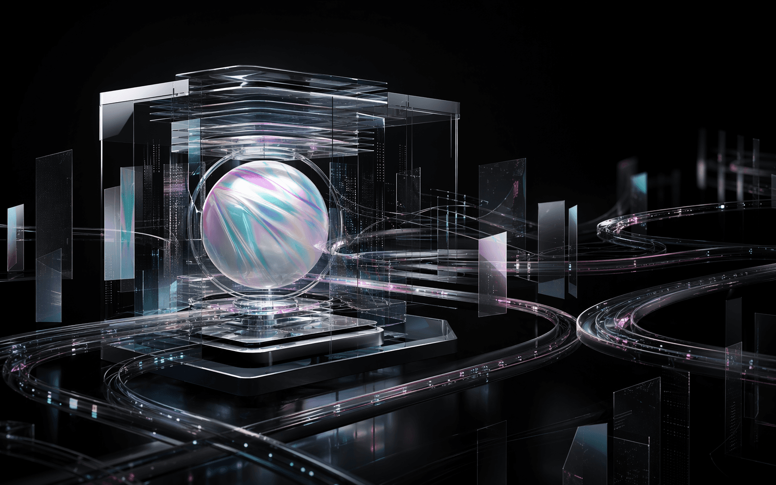 Abstract glass archive and continuity rails representing the EvoContinuity marketing experience