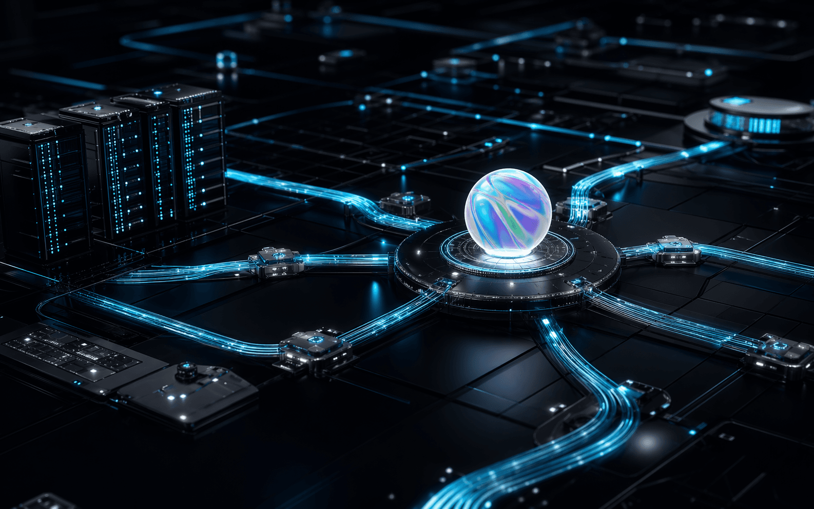 Fiber-optic network topology and server infrastructure representing an ISP provisioning platform