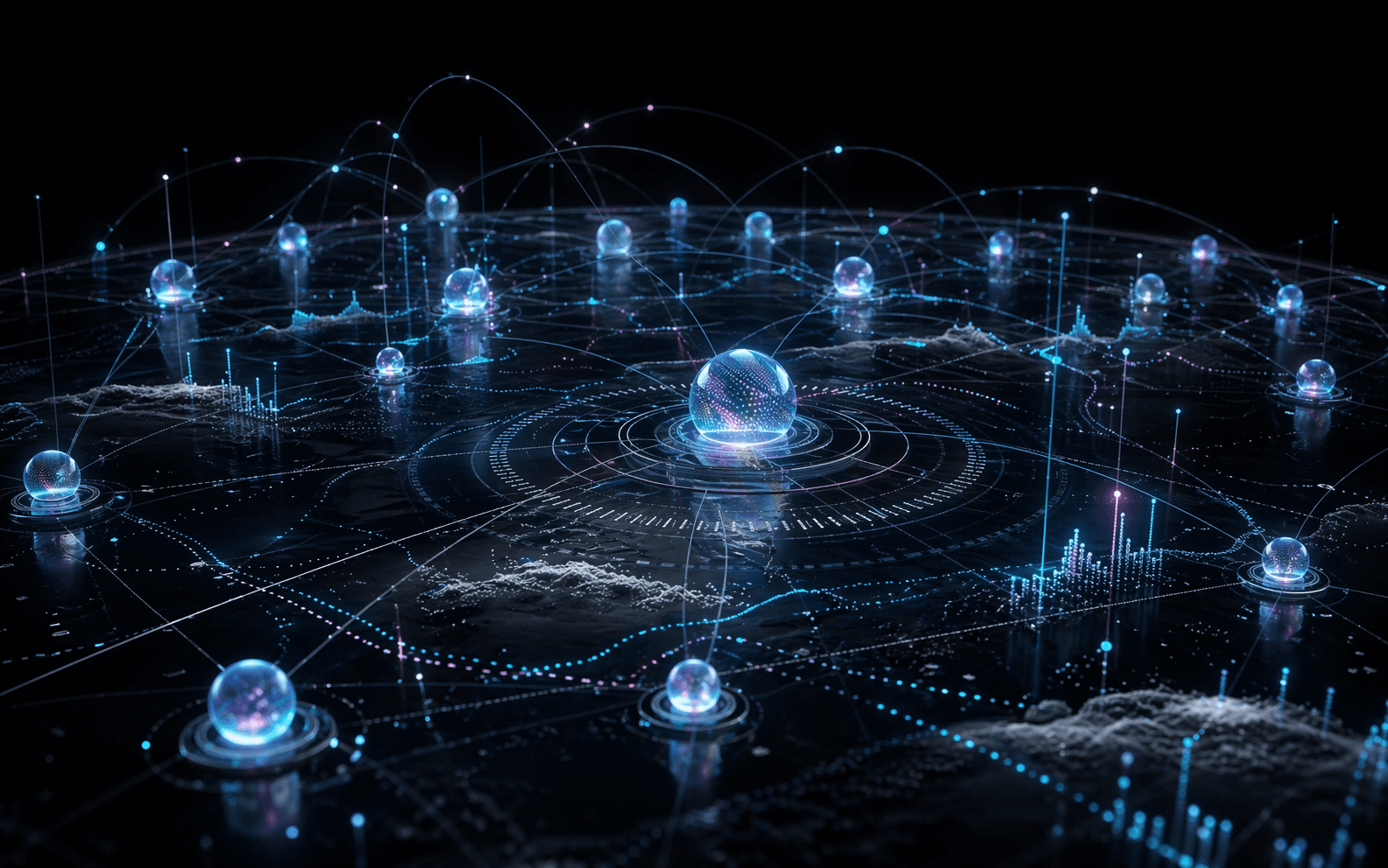 Distributed telemetry nodes across a dark observability plane representing decentralized RPC monitoring